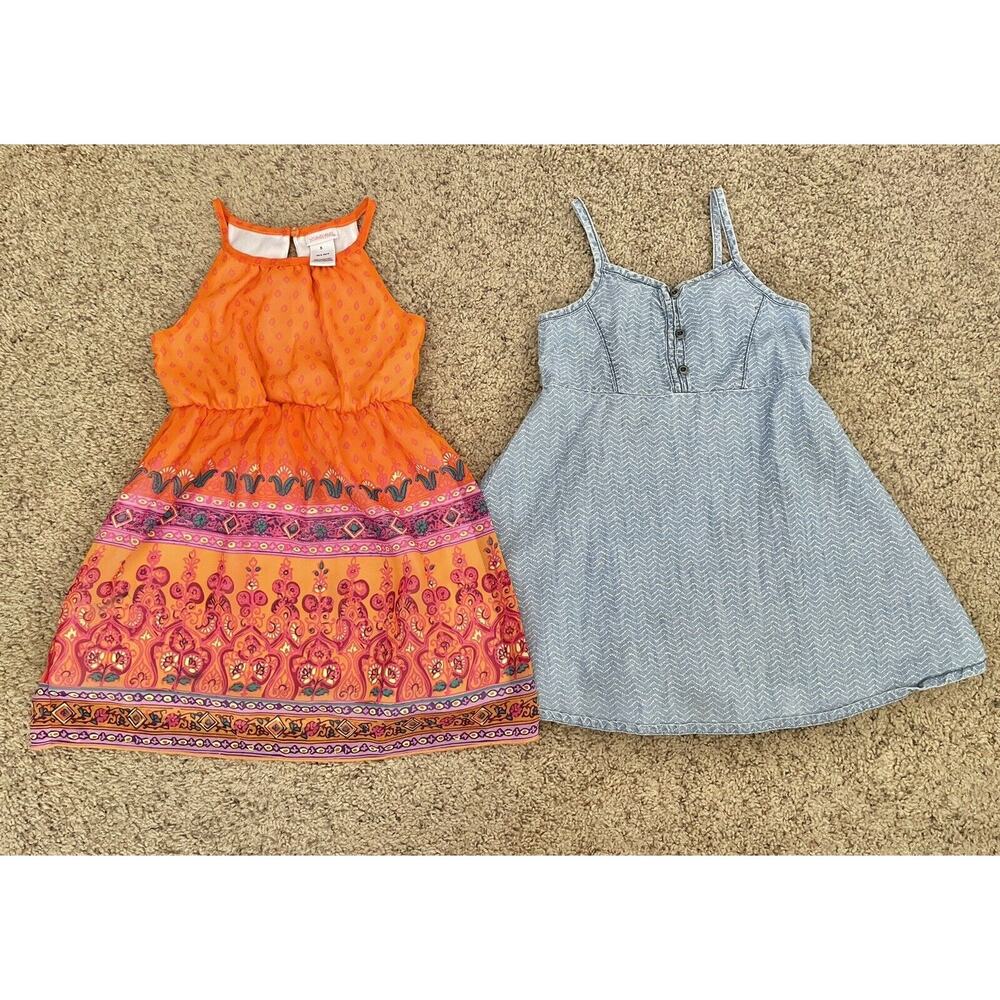 Lot Of 2 Orange Blue Bohemian Spaghetti Straps Sleeveless Girls Dress Size 5 5T